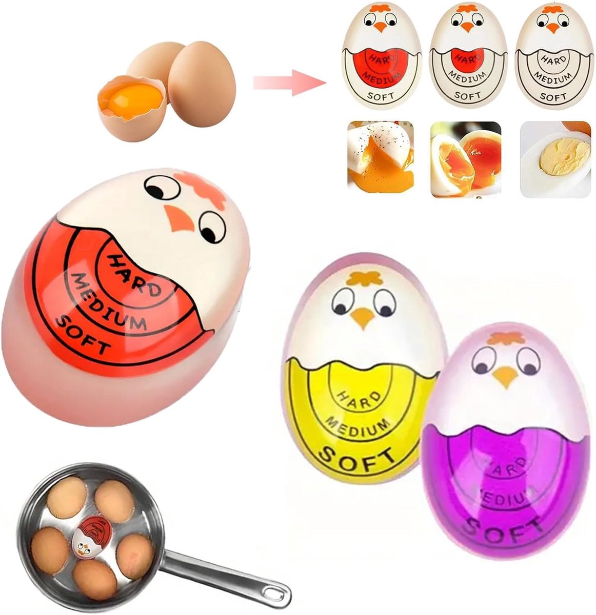 3 stuks eiertimer, keukentimer ei, gekookt ei, timer, van kunsthars, herbruikbaar, grappig, kleur veranderend, egg timer voor thuis, school, restaurant