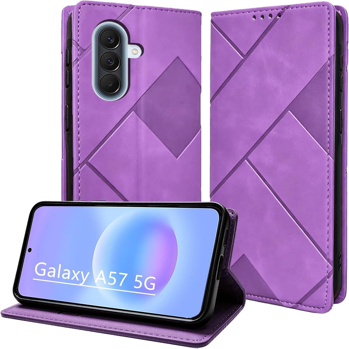PU-hoes voor Samsung Galaxy A57 5G Telefoonhoes SM-A576B/DS, Magnetische Flip met Kaartsleuven, Geometrie Paars