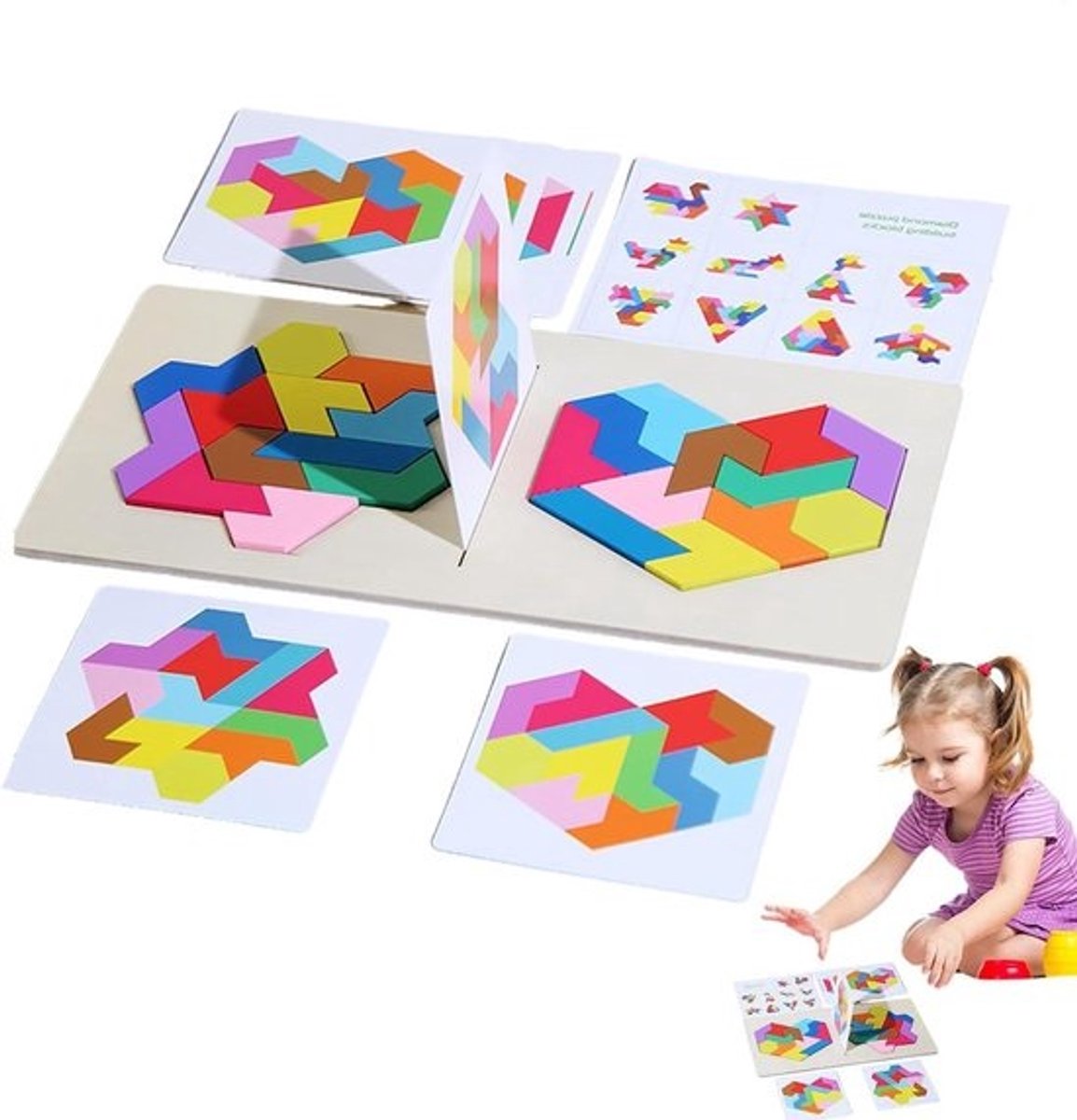 Tangram Puzzel - Houten Blokken - Vroeg Onderwijs - Logisch Denken Oefenen - 30.5 x 15.5 cm - Hartvorm Pruim