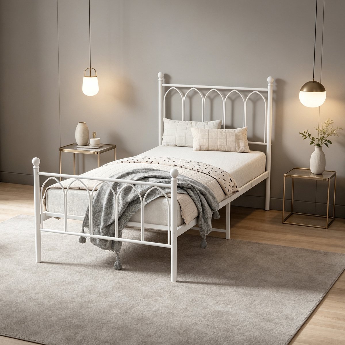 MEUNIQ metalen eenpersoons jeugd bed 90 x 200 cm met lattenbodem, hoofd- en voetbord, opbergruimte onder het bed en geluidsdempende strip, wit