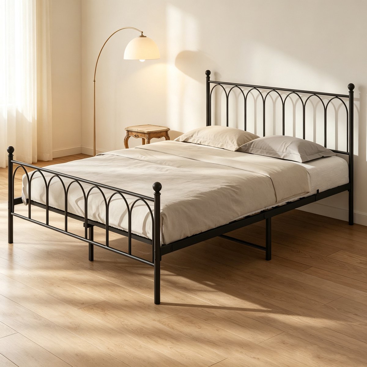 MEUNIQ Metalen bedframe 140 x 200 cm met lattenbodem, 11 metalen latten, 5 poten en opbergruimte onder het bed voor de tienerkamer, zwart
