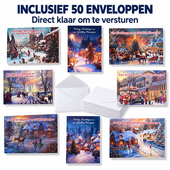 Set kerstkaarten met wintertaferelen, inclusief 50 enveloppen.