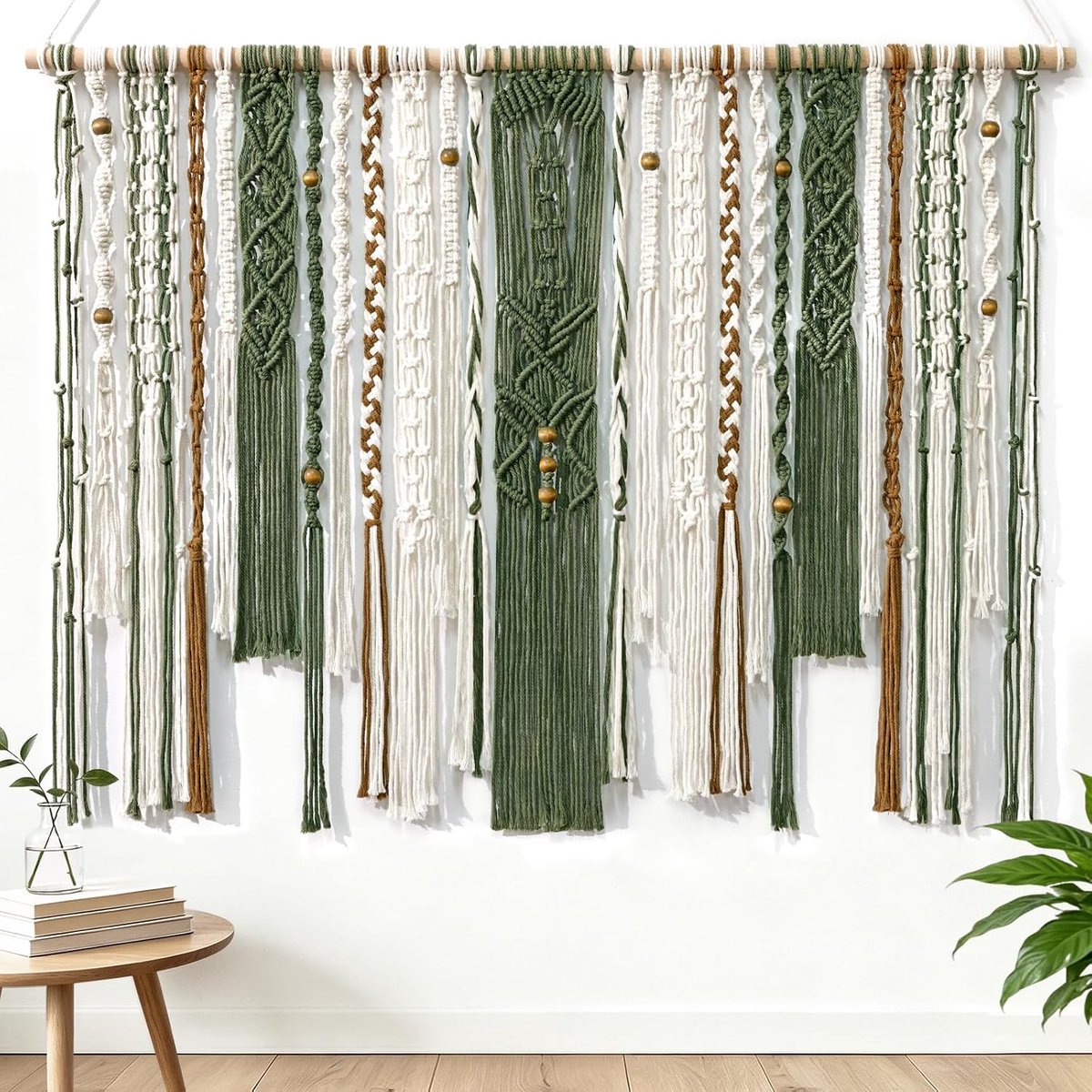 Groot macramé wandtapijt, boho-decoratie, groen, 98 x 75 cm, esthetisch, geweven, macramé, groen, wandtapijt, handgemaakt, boho, wanddecoratie, slaapkamer, kinderkamer (donkergroen)