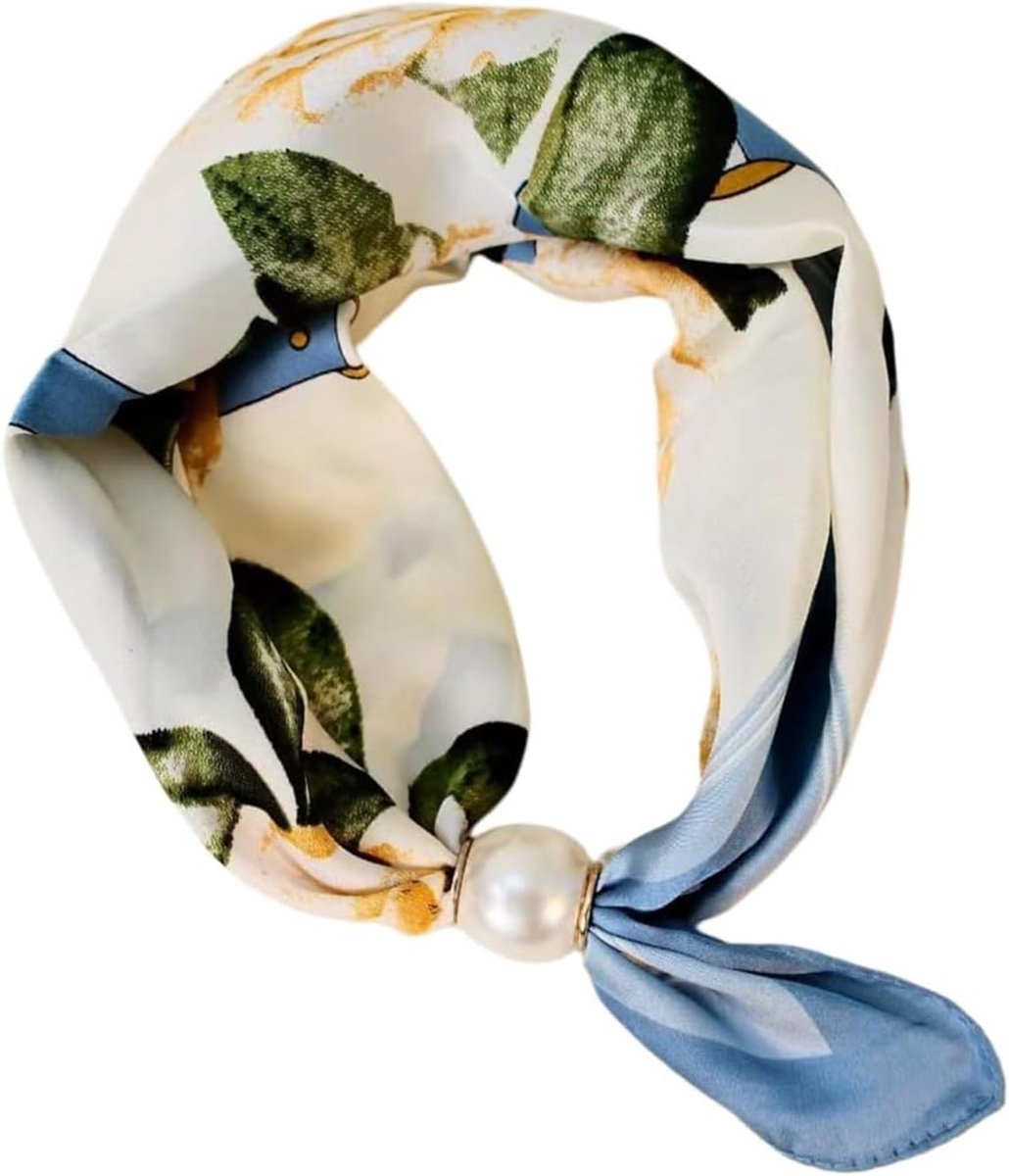 Luxe Zijden Sjaal Crèmewit, Dames 100% Zijde Moderne Smalle Sjaal met Bloemenpatroon en Parelaccent, 48 x 13 cm