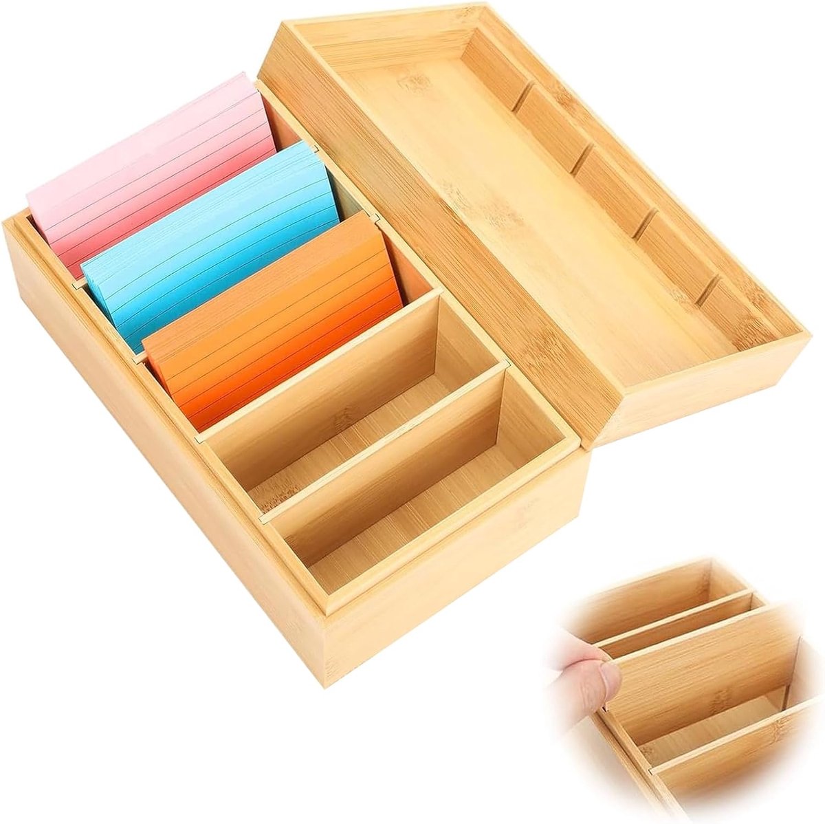 Kaartenbox, A7, 22,5 x 12,8 x 9,1 cm, vocabulair, leerkaartbox, bamboehout met deksel en 4 scheidbare scheidingswanden, vocabulaire box voor 1000 kaarten, opslag voor leerkaarten