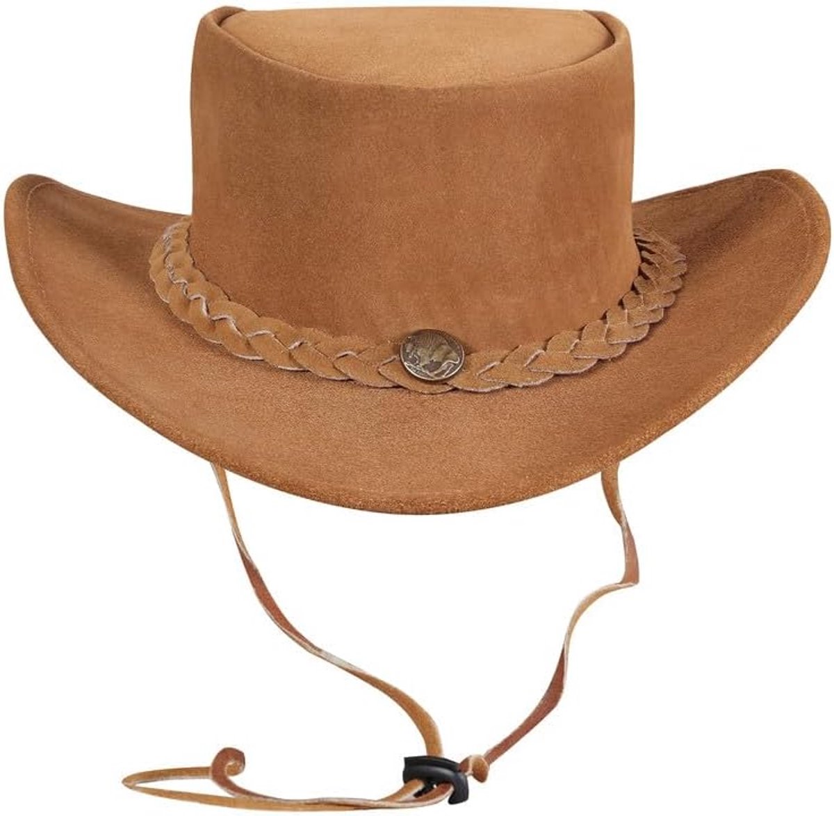 5884 Cowboyhoed van echt suède, westernhoed voor heren/dames van echt rundleer, vormbare rand en verstelbare kinriem, Lichtbruin., XXL