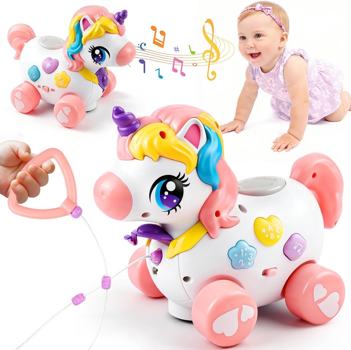 3-in-1 muziekspeelgoed, interactief loopspeelgoed voor 6 maanden, educatief Montessori-speelgoed met licht en muziek, tweetalige functie, babytouwspeelgoed (eenhoorn)