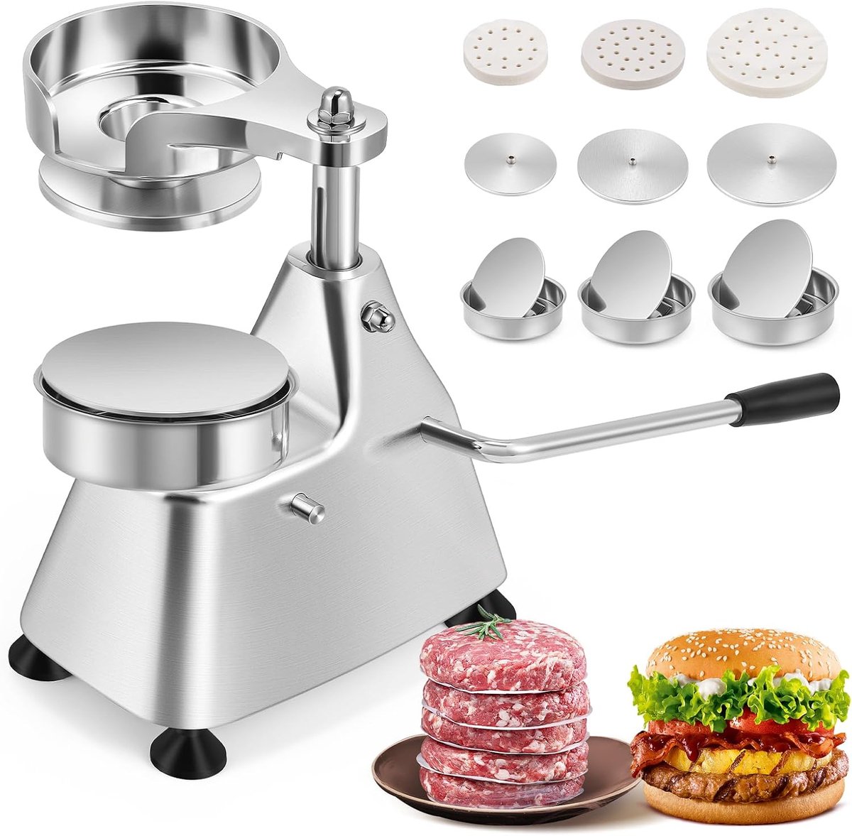 Commerciële hamburgerpers, 3-in-1 hamburgerpers, hamburgerpers van roestvrij staal met 3 schalen in de maten 4/5/6 inch en 1500 stuks papier voor hamburgers (10/13/15 cm)