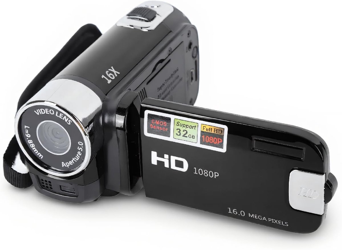 2,7 Inch TFT Draaibaar Scherm, 16 MP 16x Digitale Zoom Vlogging Camerarecorder met USB-kabel, Zwart voor Reizen, Huwelijk, Campus