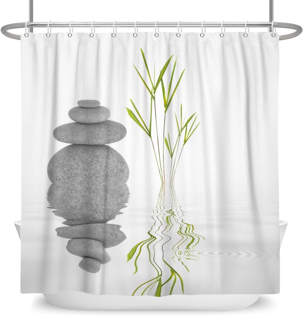 48x72 inch Basalt Stenen Bamboe Bladeren Douchegordijn Spa Japans Thema Zen Meditatie Badgordijn Witte Achtergrond Badgordijn voor Badkamer Decor Stof Polyester met Haken