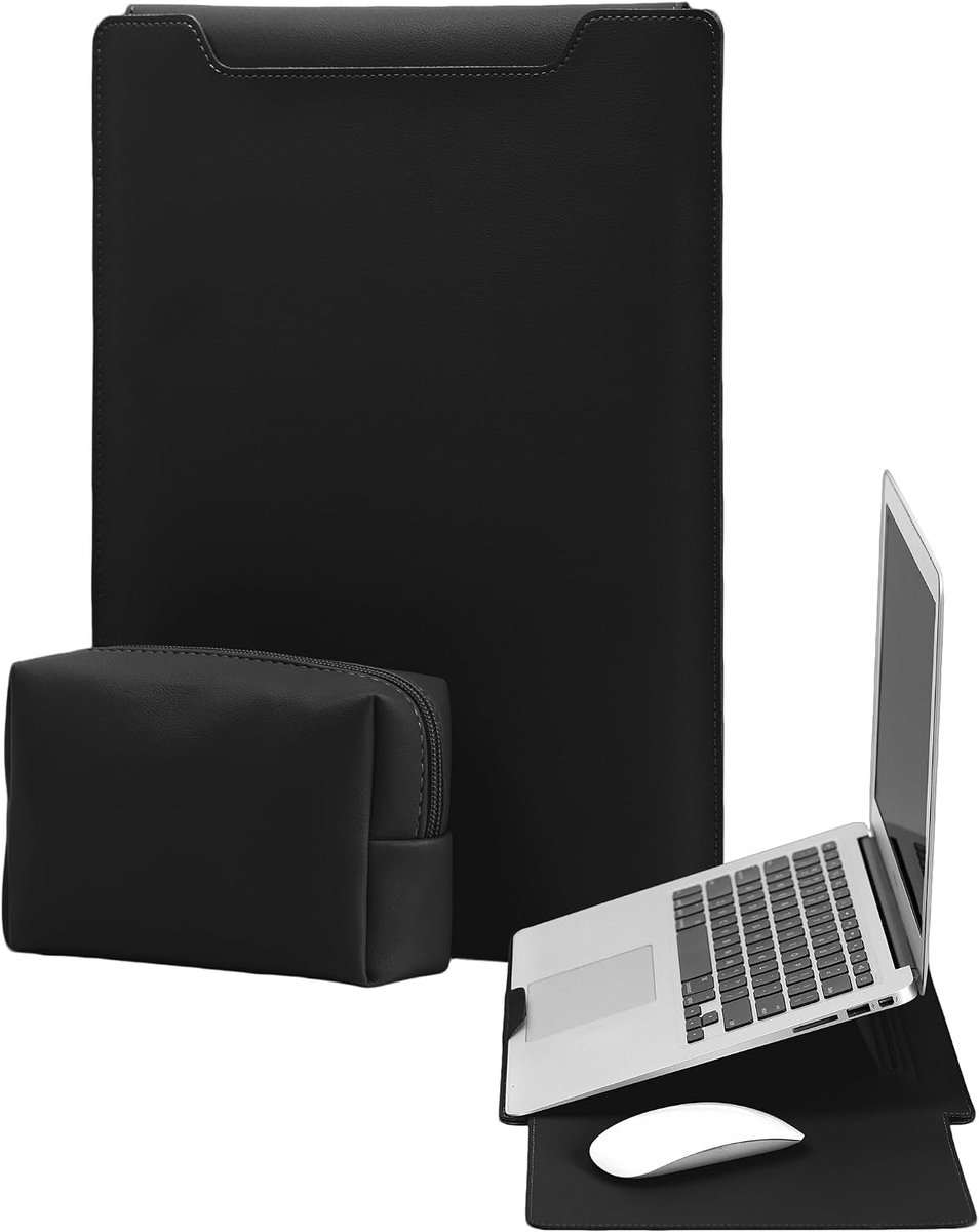 15-16 inch laptophoes met standfunctie voor MacBook Air 15 M5-M2 (2023-2020), MacBook Pro 16 M5-M1 Pro/Max (2023-2019), MacBook Pro 15 M3/M2, met oplaadvak (zwart)