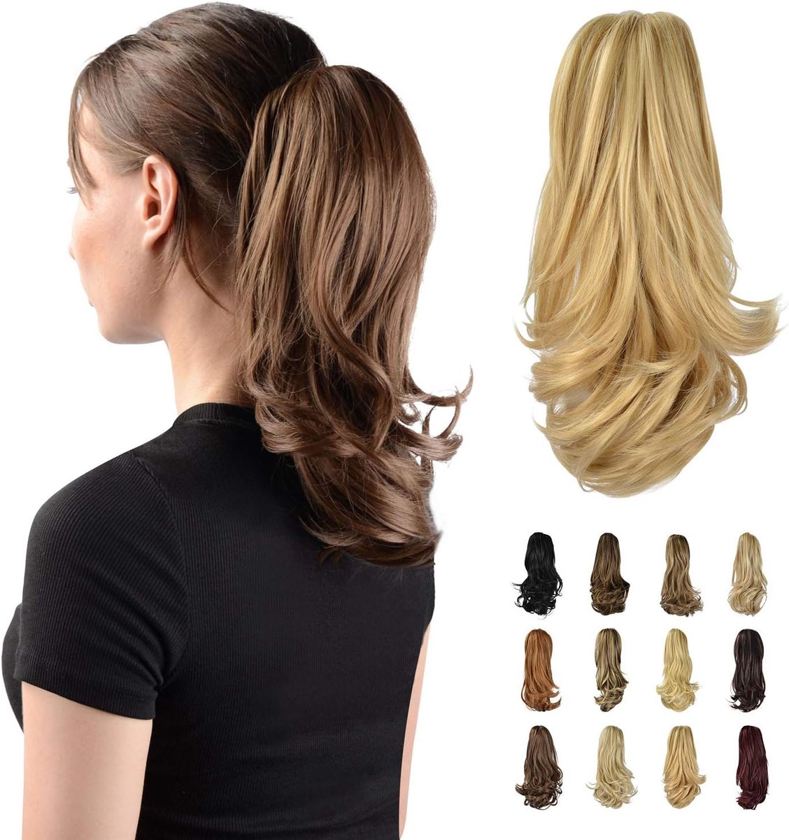 Paardenstaart Extensions met Klauw Clip, 33 cm Lang Krullend Haarextensies Paardenstaarten Clip in Haarstukken Synthetische Haarstukje Haarverlenging voor Vrouwen, Aardbeiblond & Bleekblond