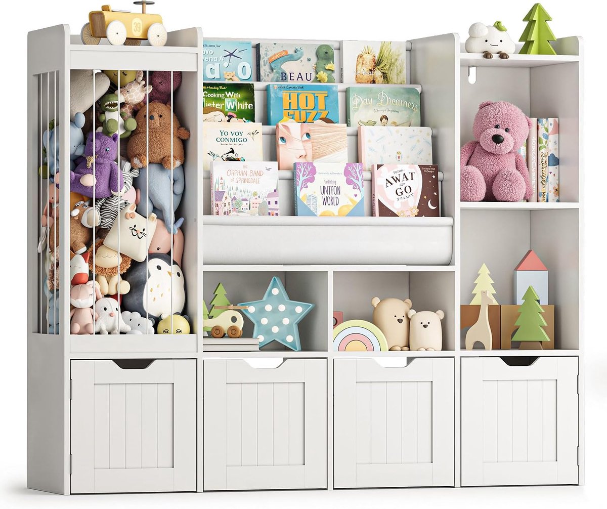 Speelgoedopslag, speelgoedorganisatoren en opslag multifunctioneel met wielen, kinderslaapkamermeubilair met elastisch koord, boekenplank, laden