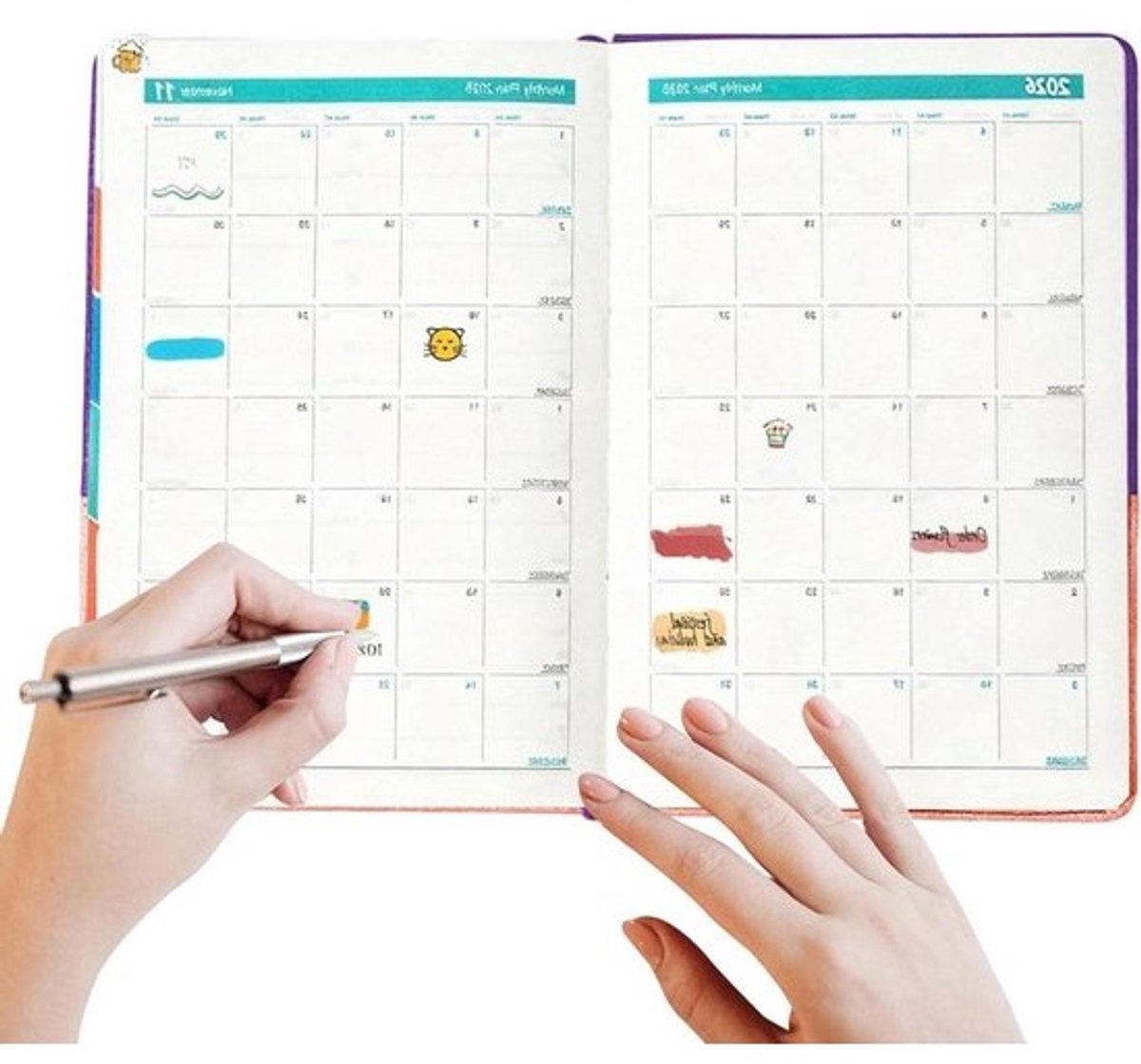 Jaarplanner 2026 - Academisch dagboek Maandplanner - Dagelijkse planning - Leren omslag - A5 - Roze paars