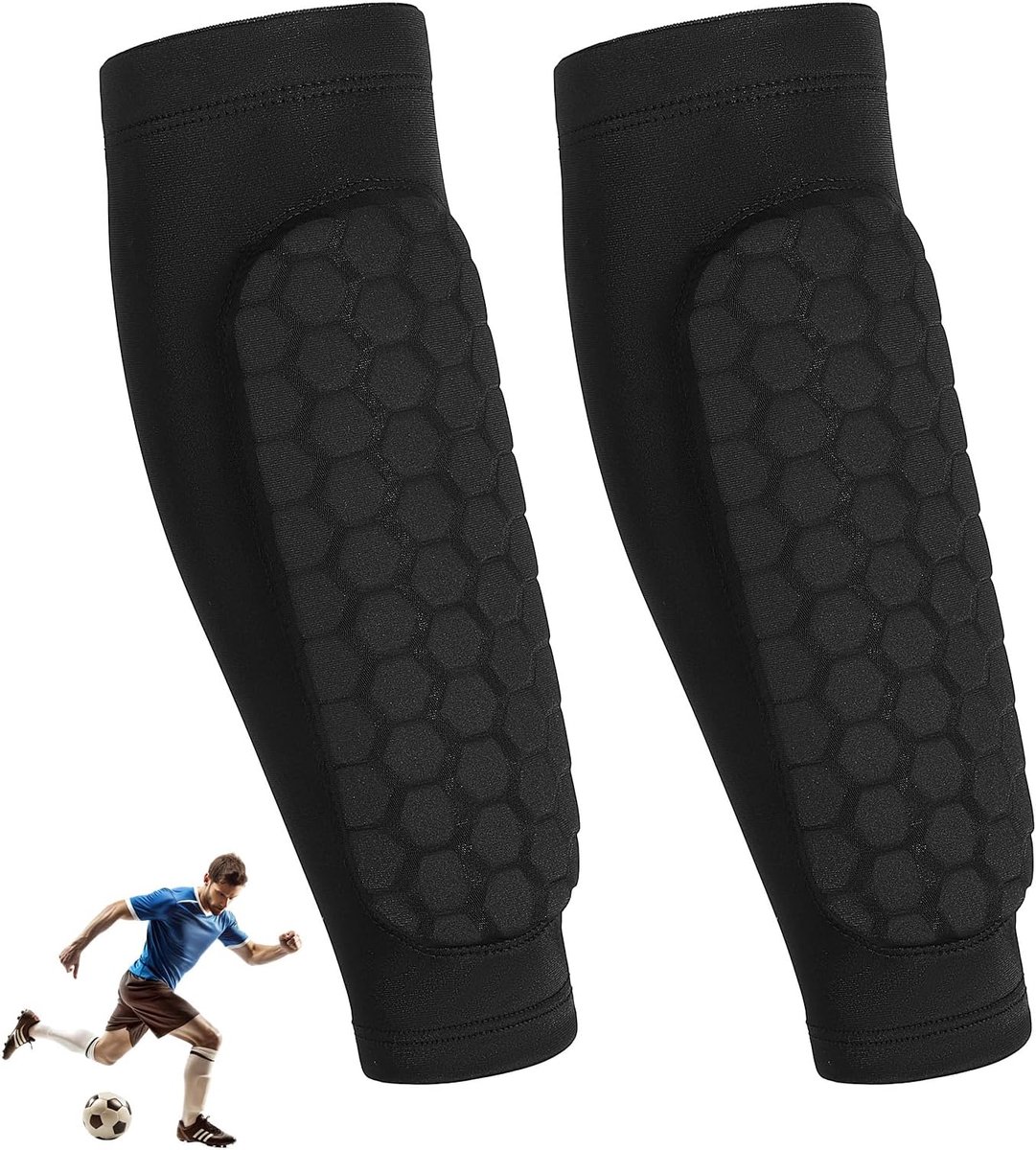 Scheenbeschermers, 1 paar voetbalscheenbeschermers voor jongeren en volwassenen, kuitcompressiemanchetten met honingraatbekleding, ademend, antislip, nylon spandex