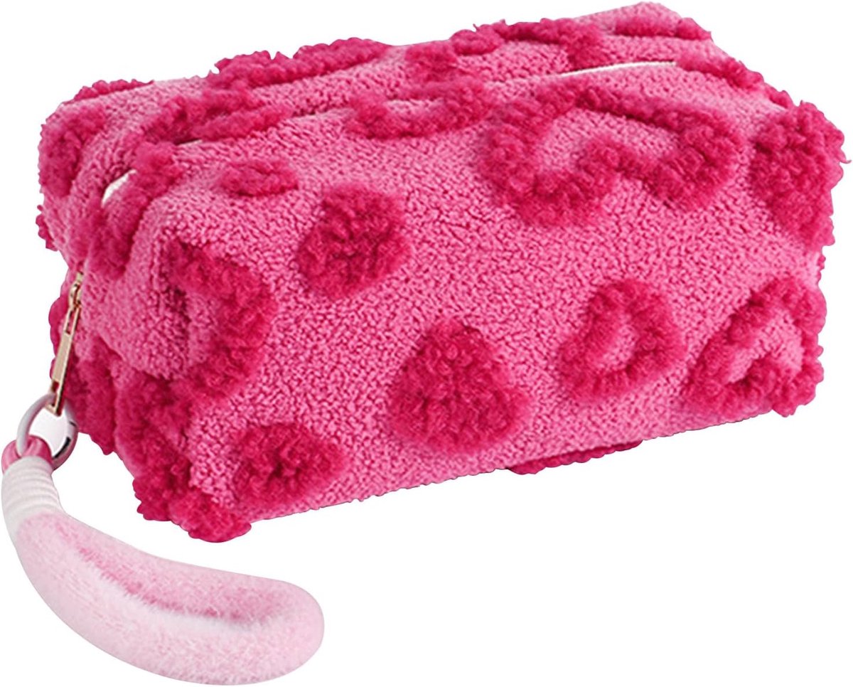 Dailygoods- Make-uptas Pluche met hartpatroon - Toilettas Dames - Make-uptas met Ritssluiting - Make-uptas met Handvat - Reiscadeau - Zacht en Warm