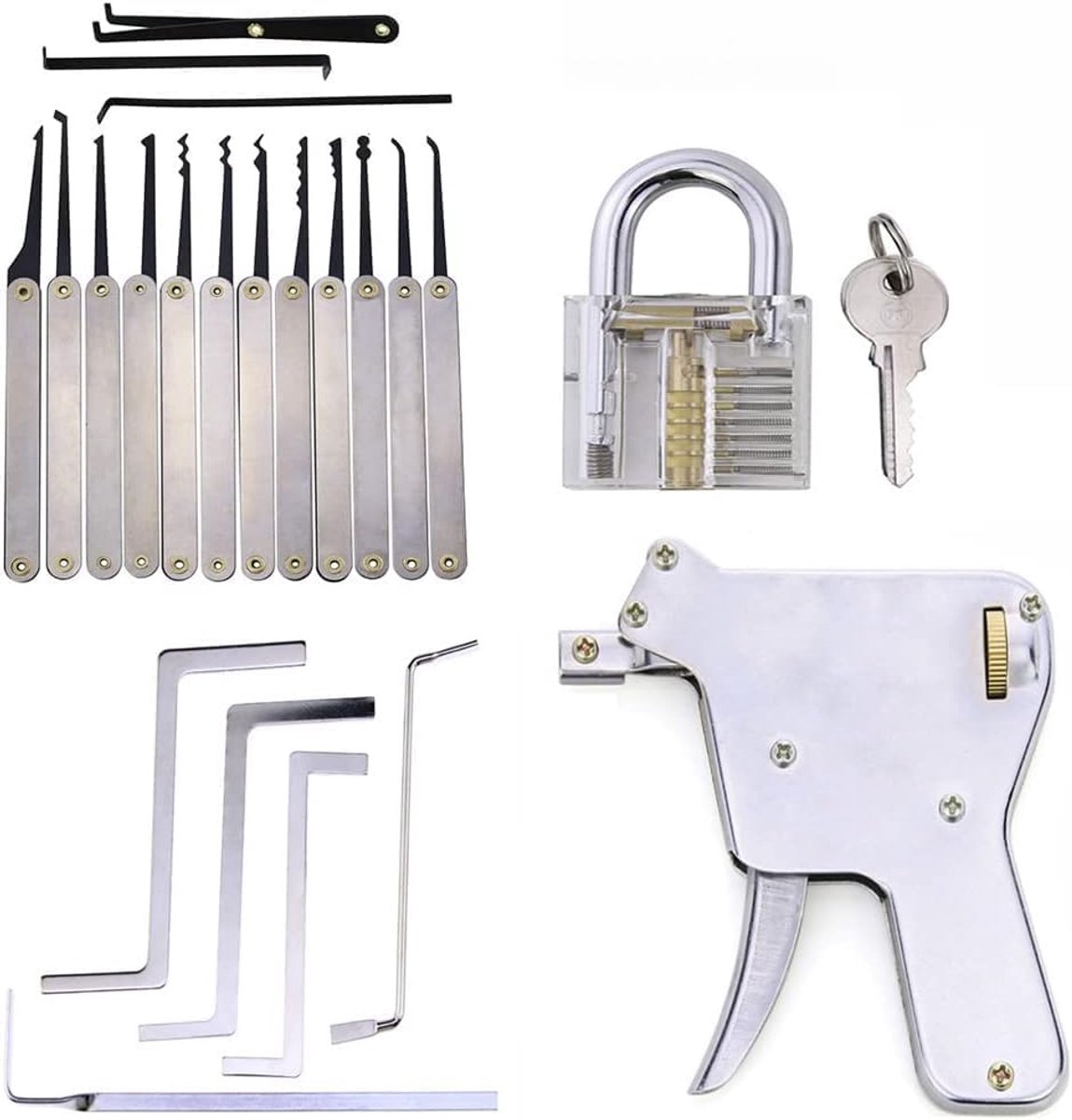 Pick Training Kit 4 in 1 Transparant Slot met Lockpick Gun, Spanningssleutel, 15 stuks Lock Pick Haak, Beste Oefenset voor Beginners