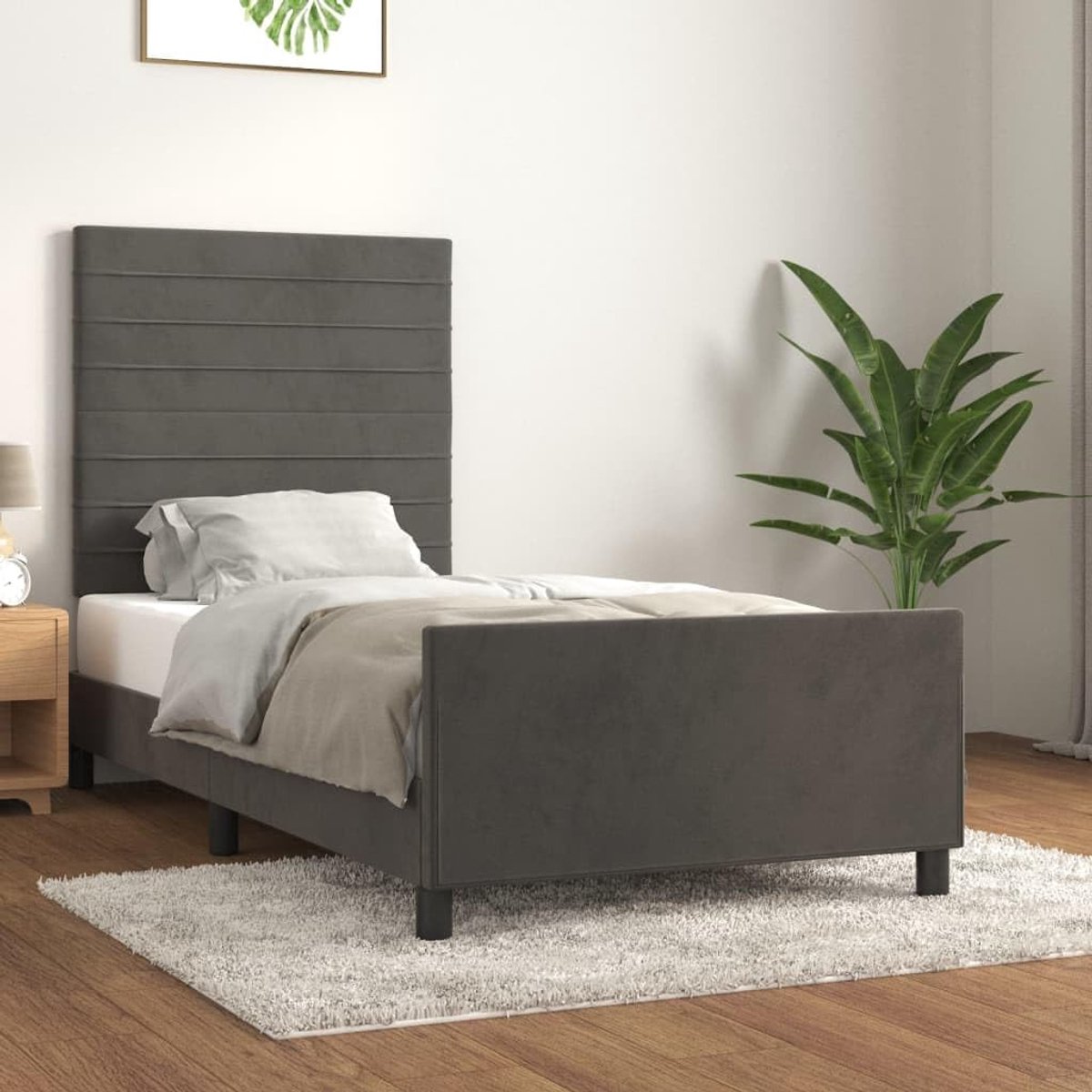 Zonder matras 90x200 cm fluweel donkergrijs met verstelbaar hoofdeinde en stevige poten, zachte fluwelen stof voor comfortabele slaapkamer, multiplex lattenbodem voor lezen en tv-kijken