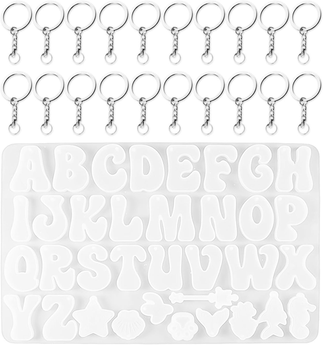1 Stuk Brief Siliconen Schimmel, 20 Stuks Metalen Sleutelhanger, Geperforeerde Engelse Brief Epoxy Schimmel, Diy Handgemaakte Accessoires.