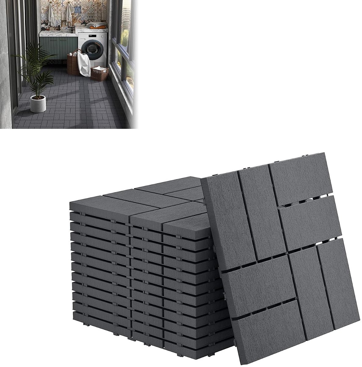Terrastegels balkontegels met houtnerf, kliktegels, terras voor balkon en tuin, weerbestendige platen met drainagefunctie, 30 x 30 cm - antraciet, type B (33 stuks = 3 m²)
