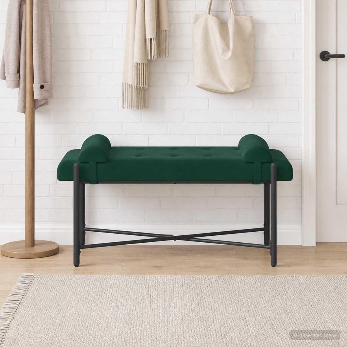 Gestoffeerde zitbank met knoopsluiting en kussen, zachte bekleding in donkergroen voor hoog comfort, 110 x 40 x 46 cm voor slaapkamer, hal of als elegante voetenbank in de woonkamer