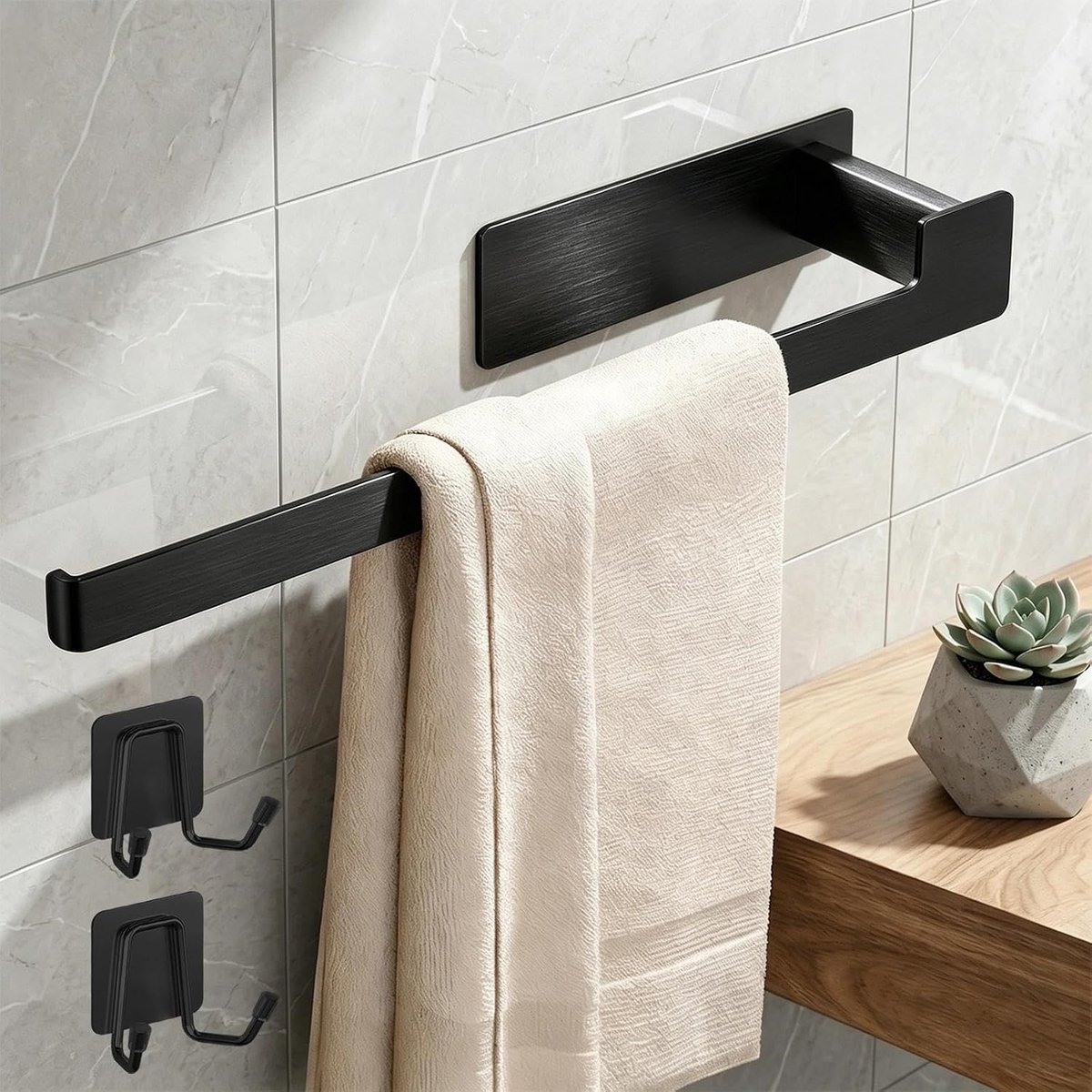 Handdoekstang zonder boren, roestvrij stalen handdoekhouder badkamer, 33 cm, zwarte handdoekhouder zonder boren, inclusief 2 zelfklevende haken, voor badkamer, keuken