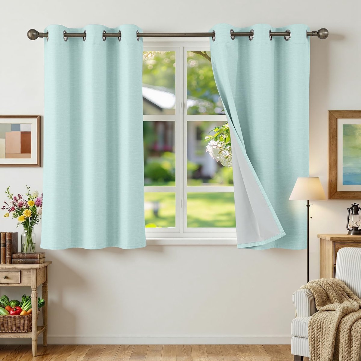 100% Verduisterend Thermisch Isolerend Linnen Gordijn, Anti-Hitte, Set van 2, 90x120 Gordijnen met Oogjes voor Raam Hemelsblauw, UV- en Geluidswerend, Decoratie voor Slaapkamer en Woonkamer