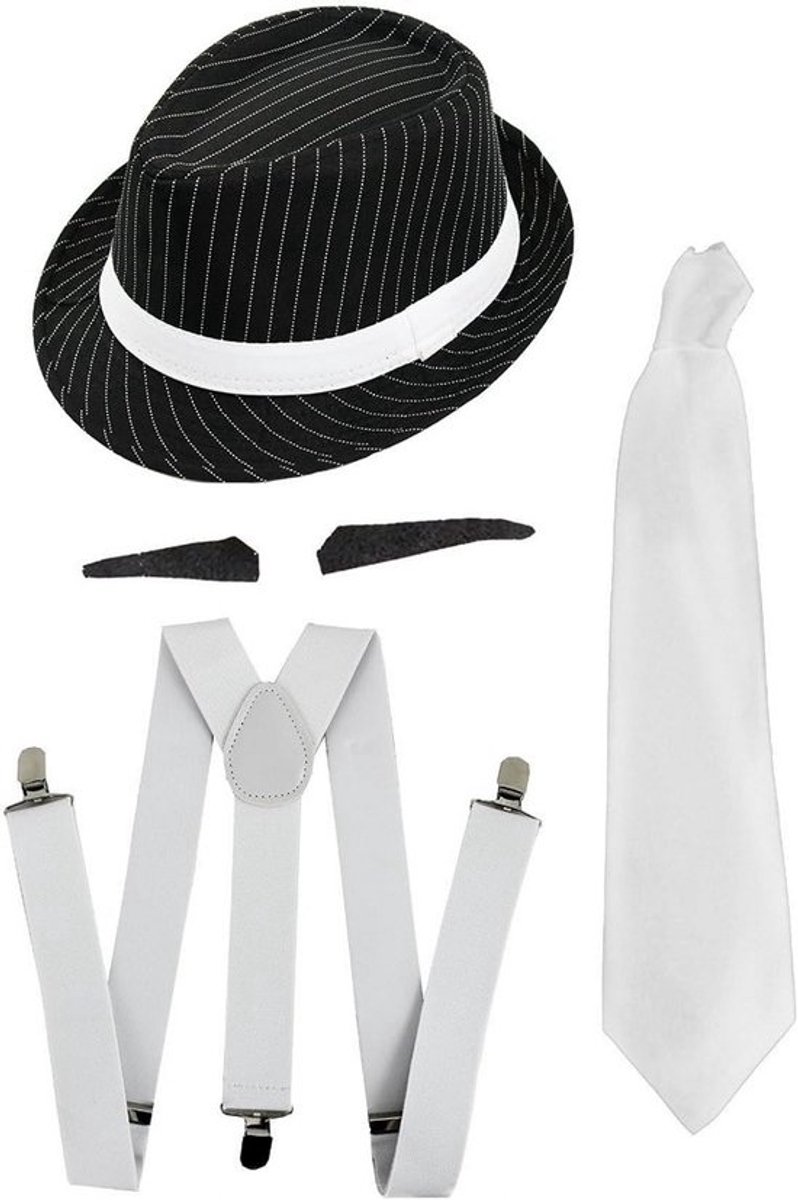 Gangster Kostuum Set met Pinstripe Trilby Hoed, Braces en Stropdas