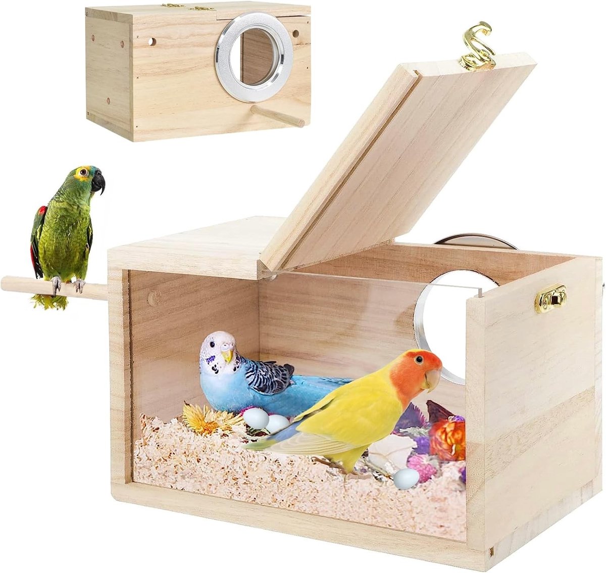 Nestkast voor vogels van natuurlijk hout, transparant ontwerp, ideaal voor parkieten, lovebirds en vinkjes