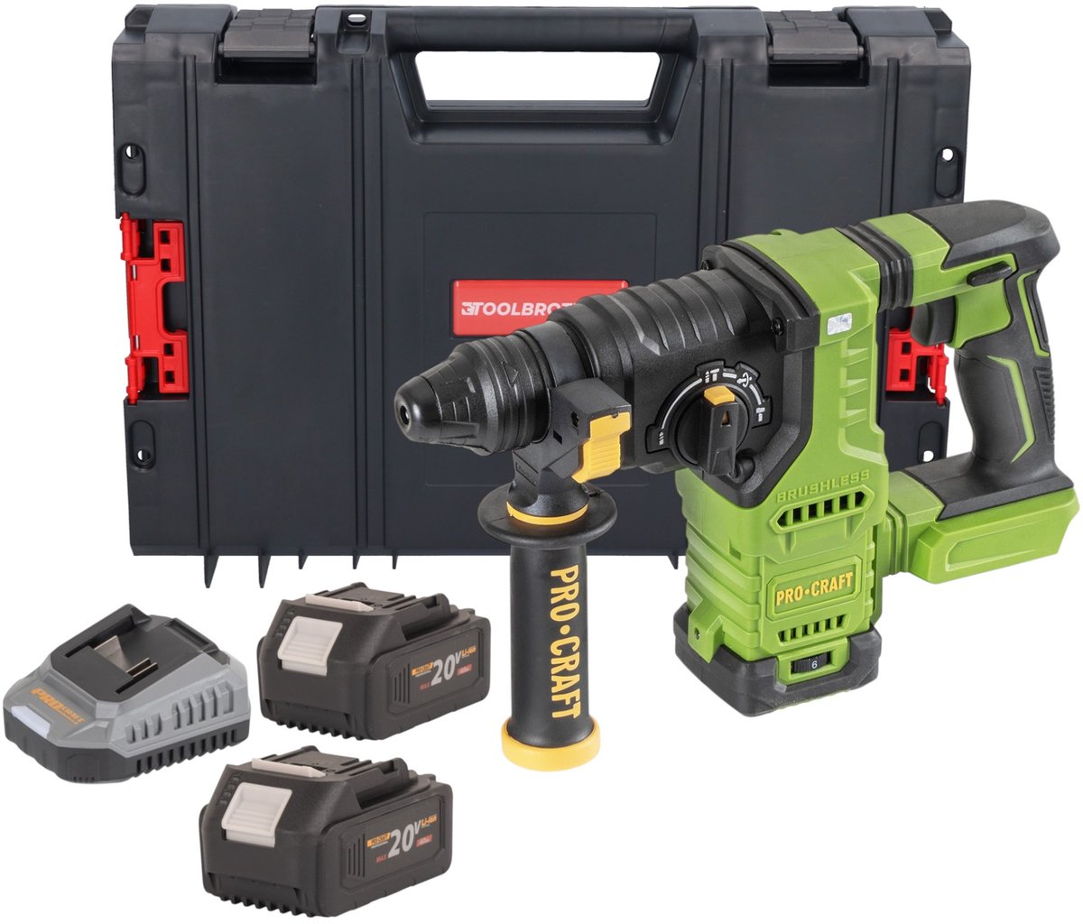 Procraft PHA30bb accu-boorhamer 20 V 2,8 J SDS plus borstelloos + 2x accu 4,0 Ah + oplader + RHINO-gereedschapskoffer