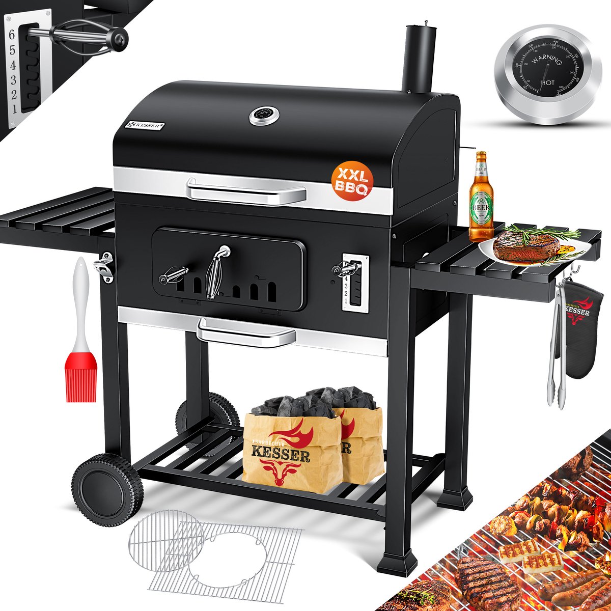 KESSER® Houtskoolbarbecue XXL Barbeque Houtskool met Deksel, Wielen, Roestvrij Stalen Handvat, Barbecuerooster en Thermometer, 8 Spiesen met Zakje & siliconen Borstel, grote BBQ Camping Terras Tuin