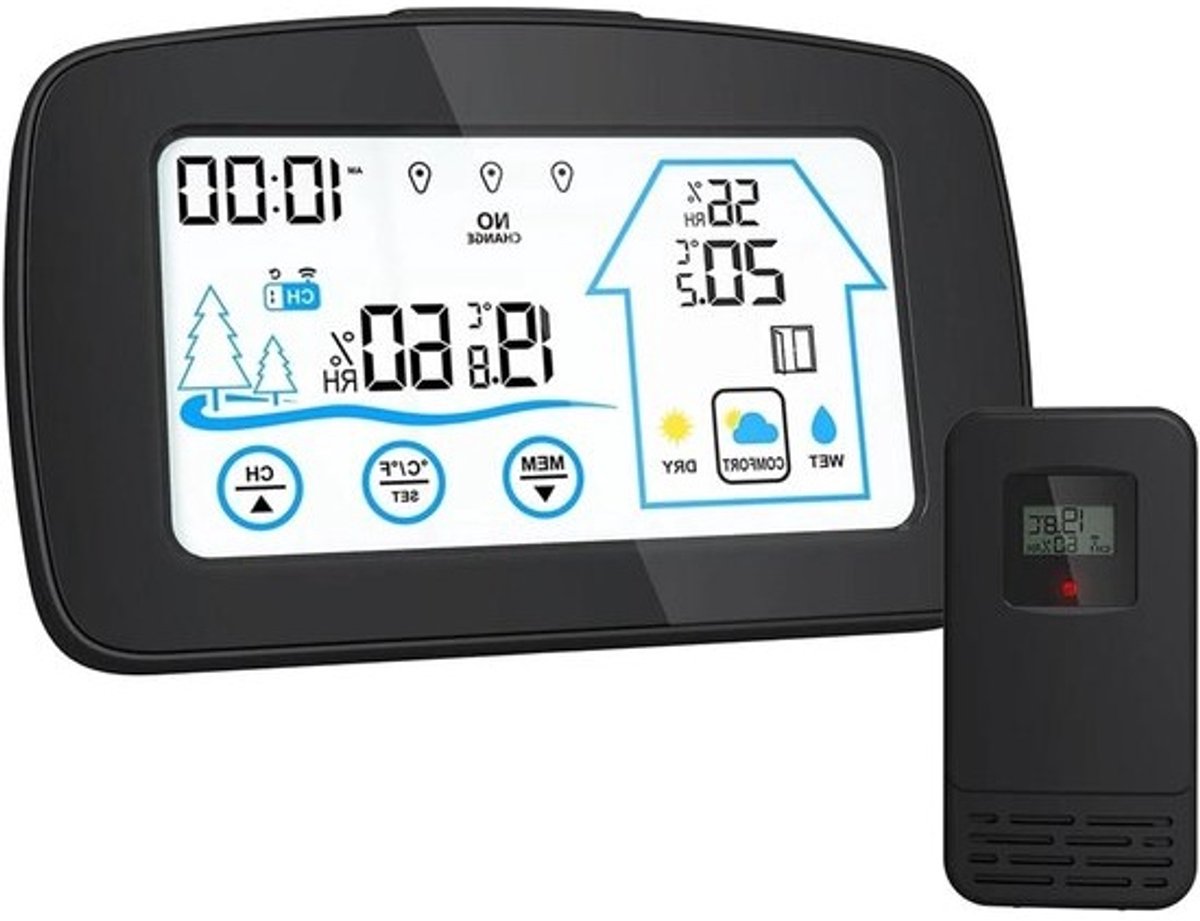 Weerstation met sensor - Digitale klok - Weersomstandigheden volgen - Draadloze buitensensor - 152x95.5x22MM - Zwart