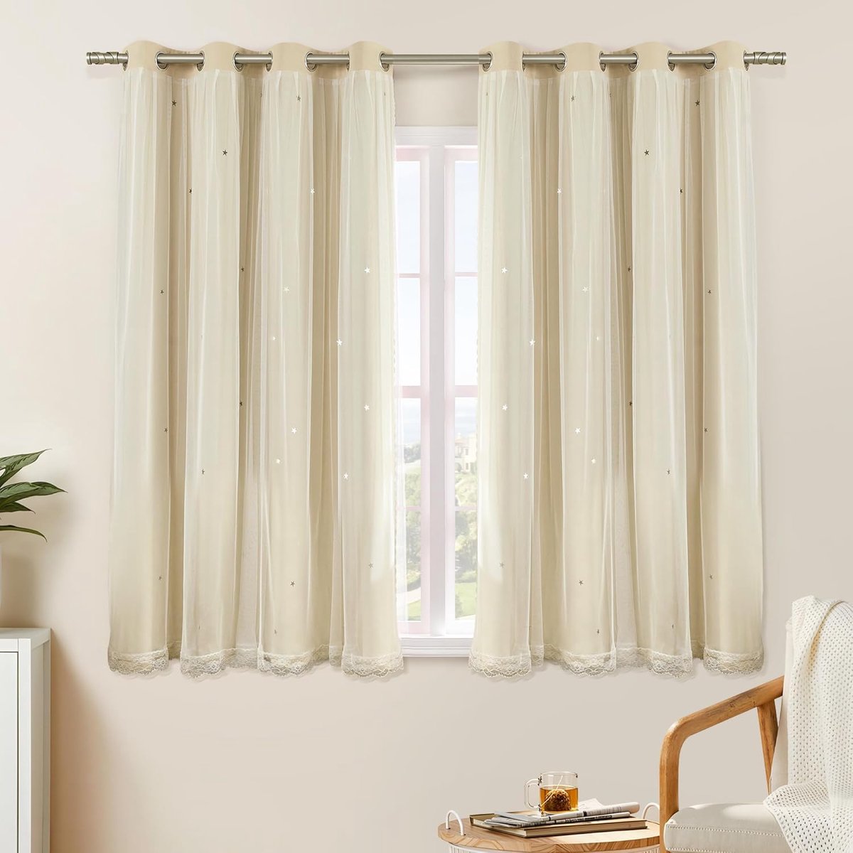 Verduisteringsgordijn voor slaapkamer dubbellaags 132 x 137 cm van polyester met voile sterrendesign schuifdeur meerkleurig beige 132/137