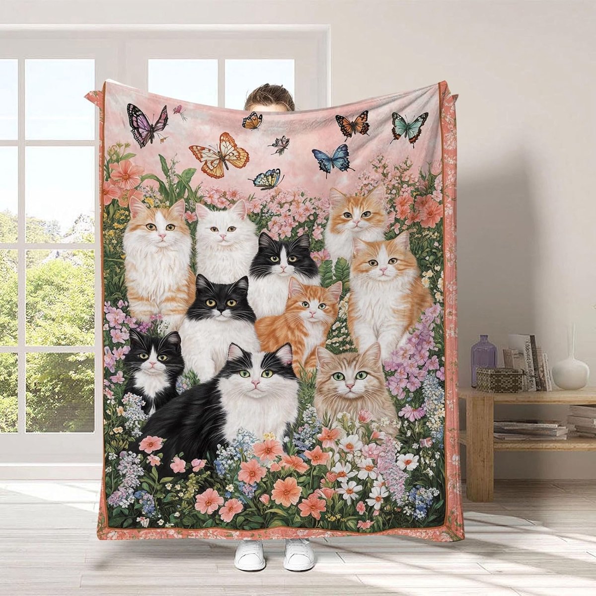 150 x 100 cm, zachte flanellen knuffeldeken met vlinders en bloemen, seizoensdeken voor binnen en buiten, gezellige camping, picknickdeken, bankdeken, kattenliefhebbers, cadeau, decoratie