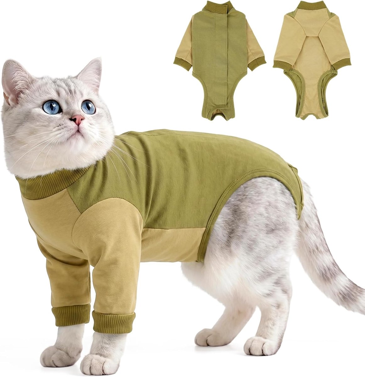 Herstelpak voor katten met mouwen - voor katten die ontsnappen aan standaardpakken | Volledig lichaam anti-likbescherming | Zachte katoenen onesie na operatie | Spay, online, buikwond (Sage Green, M)