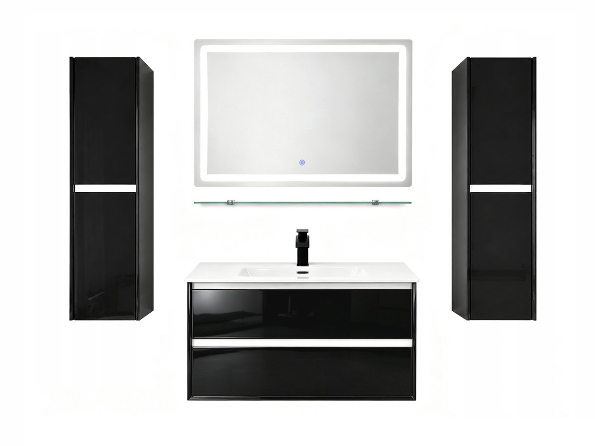 Faizee Home | Lumen Badkamermeubelset 90 cm Hoogglans incl. Wastafel, LED-Spiegel en 2 Zijkasten, verkrijgbaar in Grijs, Zwart of Wit