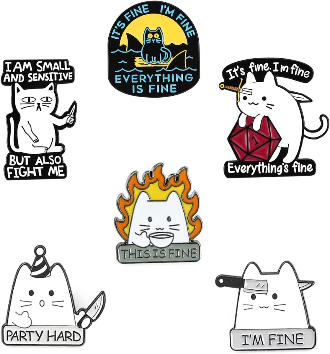 6 stuks emaille pinnen voor katten, schattige emaille broches, humoristische kat met mes, emaille-reversspeldenset voor truien, sjaals, bandana's, rugzak, doe-het-zelf handwerk, decoratie