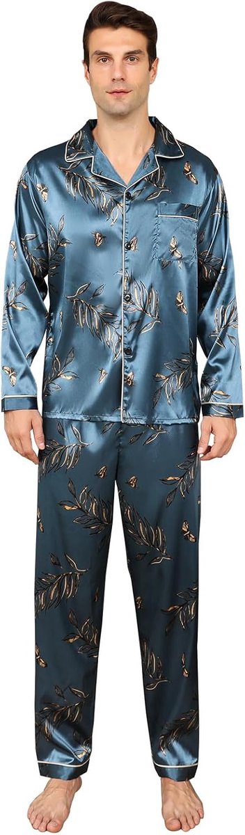 pyjamaset met lange mouwen, zijdeachtige pyjama, premium nachtkleding met knoopsluiting, meerkleurig, zijdeachtige pyjamaset voor heren
