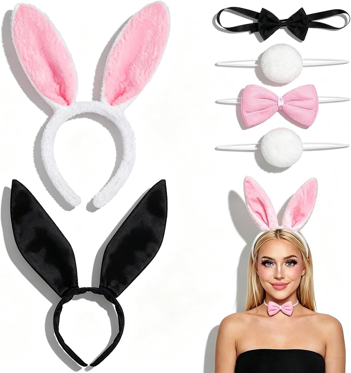 2 Sets Bunny Oren Hoofdband, Bunny Oren Haarband Kostuum Set, Lange Haarband met Bunny Oren, Sexy en Schattig, voor Kostuum Partijen, Cosplay, Carnaval (Zwart, Roze)
