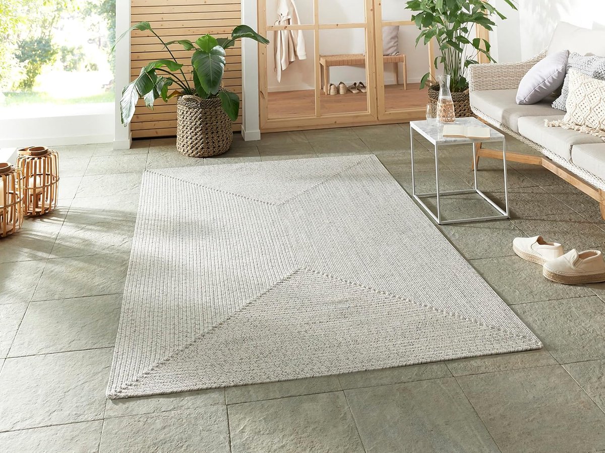 Trenzado Indoor en outdoor tapijt, modern design, vouwweefsel, handgemaakte look voor balkon, terras, tuin, woonkamer, duurzaam, onderhoudsvriendelijk, licht gemêleerd, 120 x 170 cm