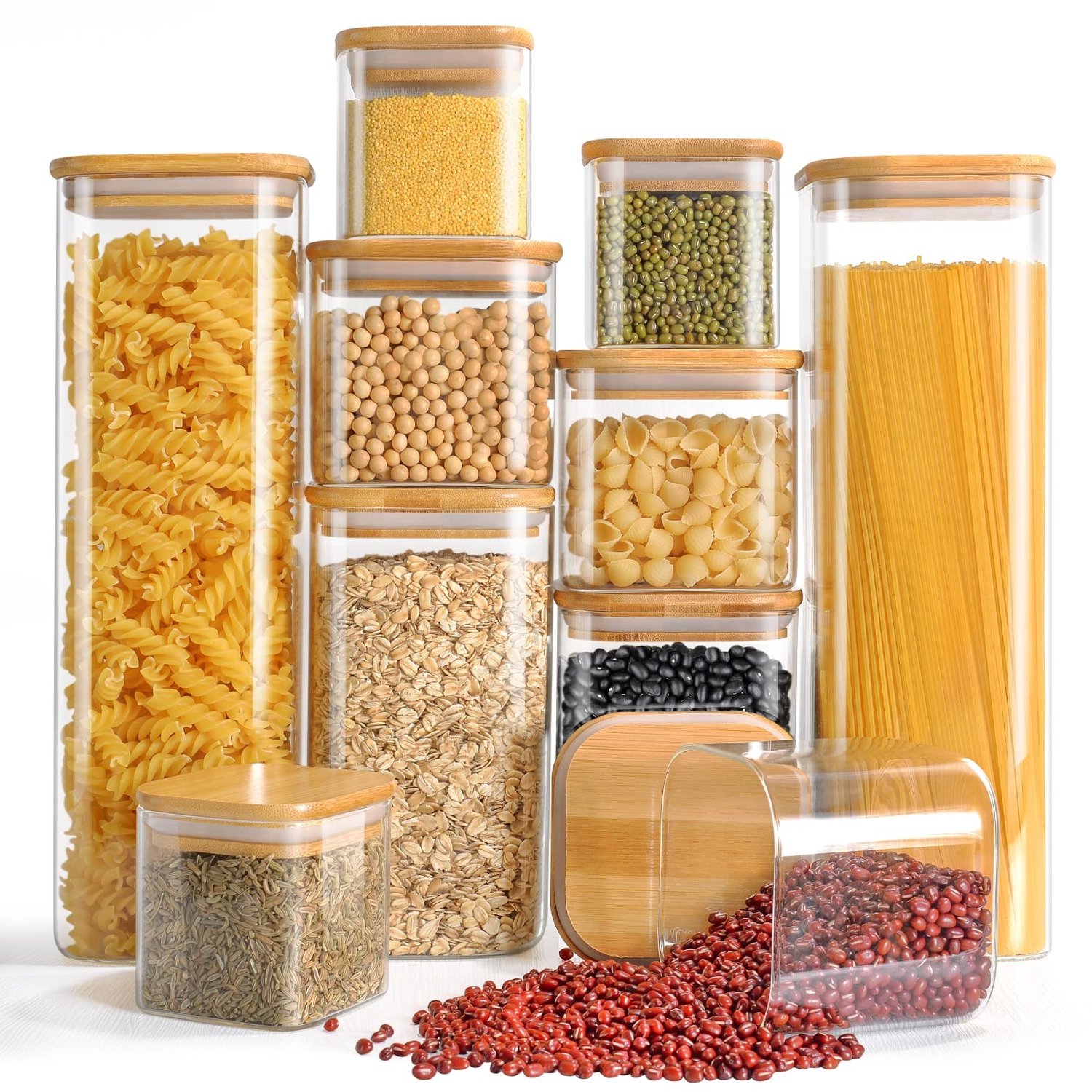 Famanu – Set van 10 glazen potten met deksels, vierkante voorraadpotten van 2500 ml, 1500 ml, 750 ml en 350 ml, luchtdichte glazen keukenpotten voor kruiden en opslag