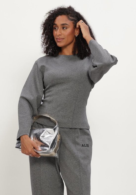 Model draagt een grijze, getailleerde top met ballonmouwen en 'ALIX' op de broek, inclusief zilveren tas.