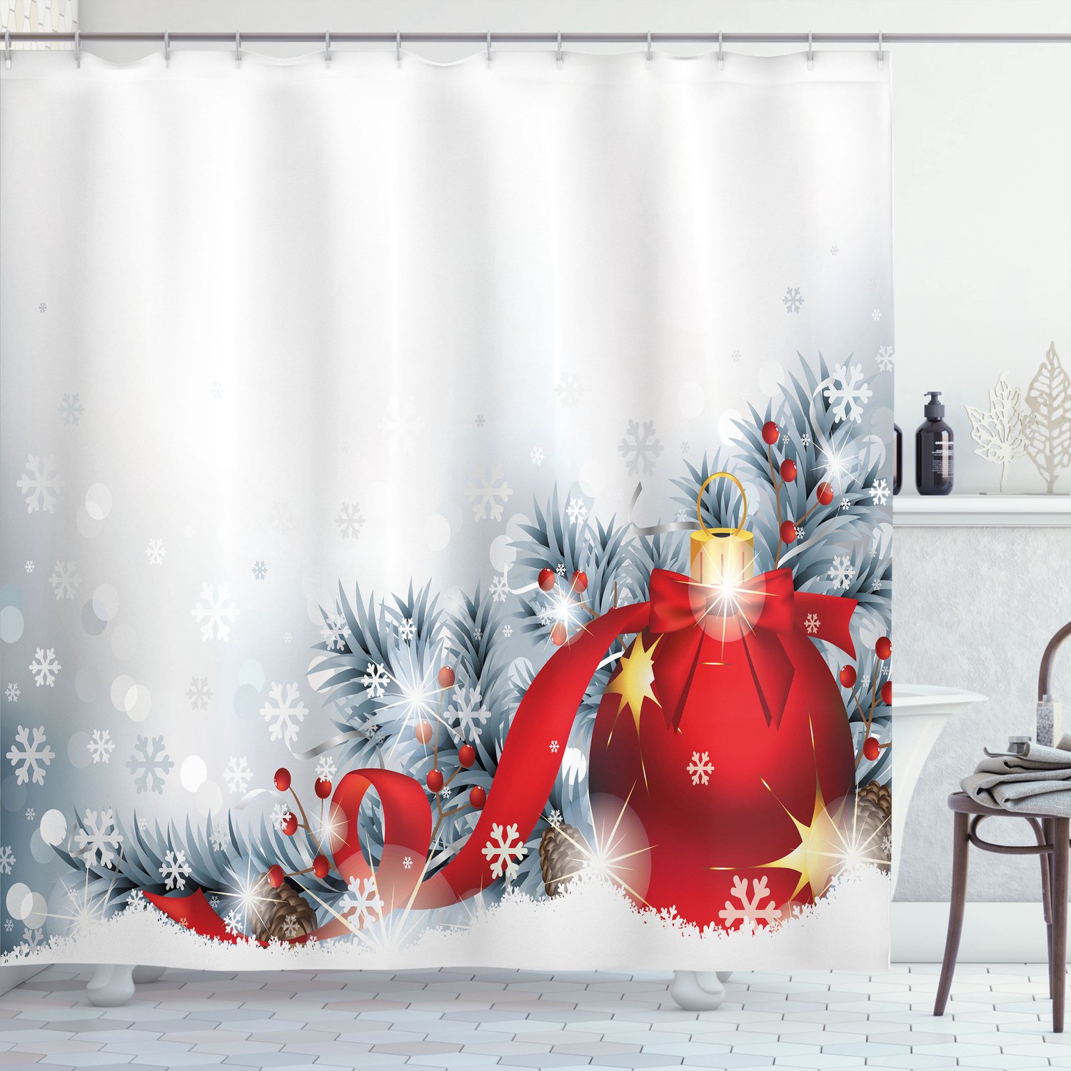 ABAKUHAUS Kerst Douchegordijn, Kerst- en Winterzonnewende-Design met Grote Kerstbal, Hulst en Sneeuw, Stoffen Badkamerdecoratieset met Haken, 175 B x 200 L, Wit Rood