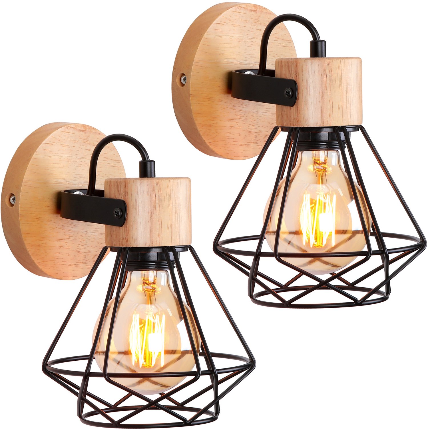 Set van 2 Industriële Wandlampen Zwart - Vintage Houten Wandverlichting met Kooi-Design - E27