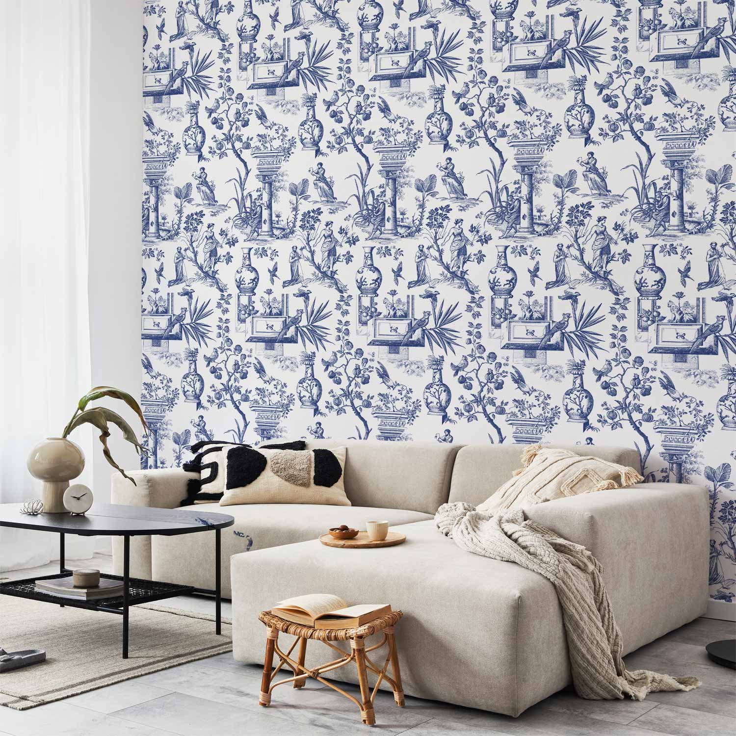 Behang - Blue antique – a delicate pattern with Greek and botanical motifs