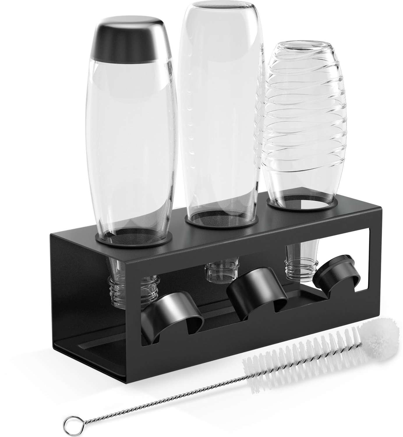 Famanu – Flessenhouder voor SodaStream, geschikt voor 3 flessen, met drainer en dekselhouder, zwart