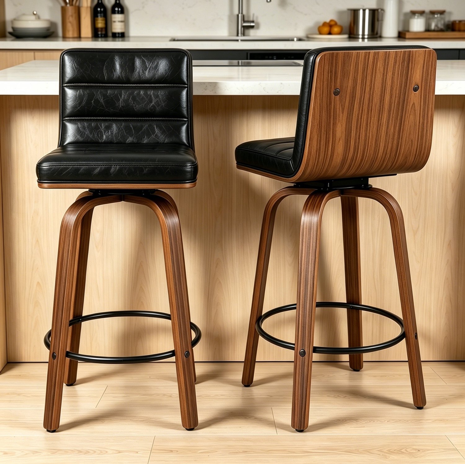 WUVRIE Barkruk set van 2, zithoogte 66 cm - 360° draaibaar met rugleuning - Zwart