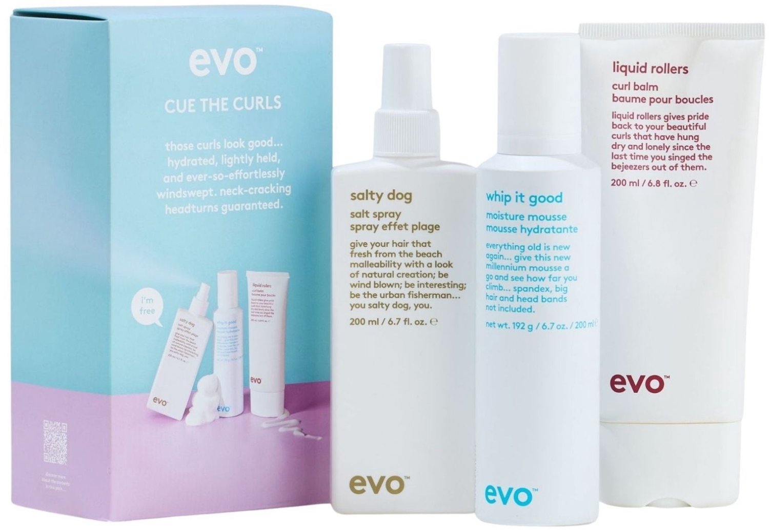 evo Cue The Curls Styling Set – Liquid Rollers Curl Balm, Whip It Good Moisture Mousse & Salty Dog Salt Spray – 3 × 200 ml