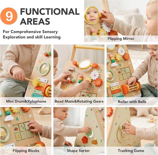 Houten loopwagen – Montessori houten loopspeelgoed – Multifunctioneel 9-in-1 activiteitenbord – Instelbare snelheid en hoogte – Geschikt voor baby's vanaf 1 jaar – Groen — afbeelding 4
