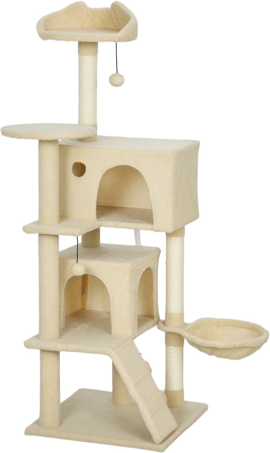 Pawona Krabpaal - Met hangmat, ladder, twee huisjes en krabpalen - 48 x 48 x 140 cm - Beige